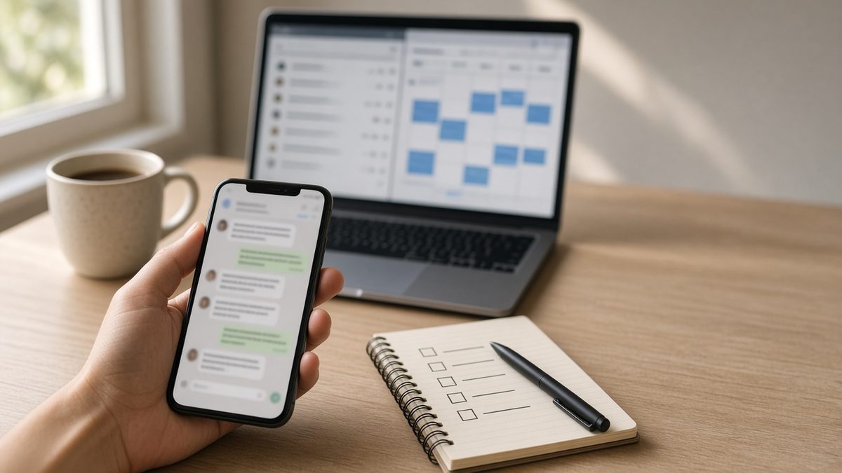 朝のデスクでスマホからAIアシスタントに指示を出している様子