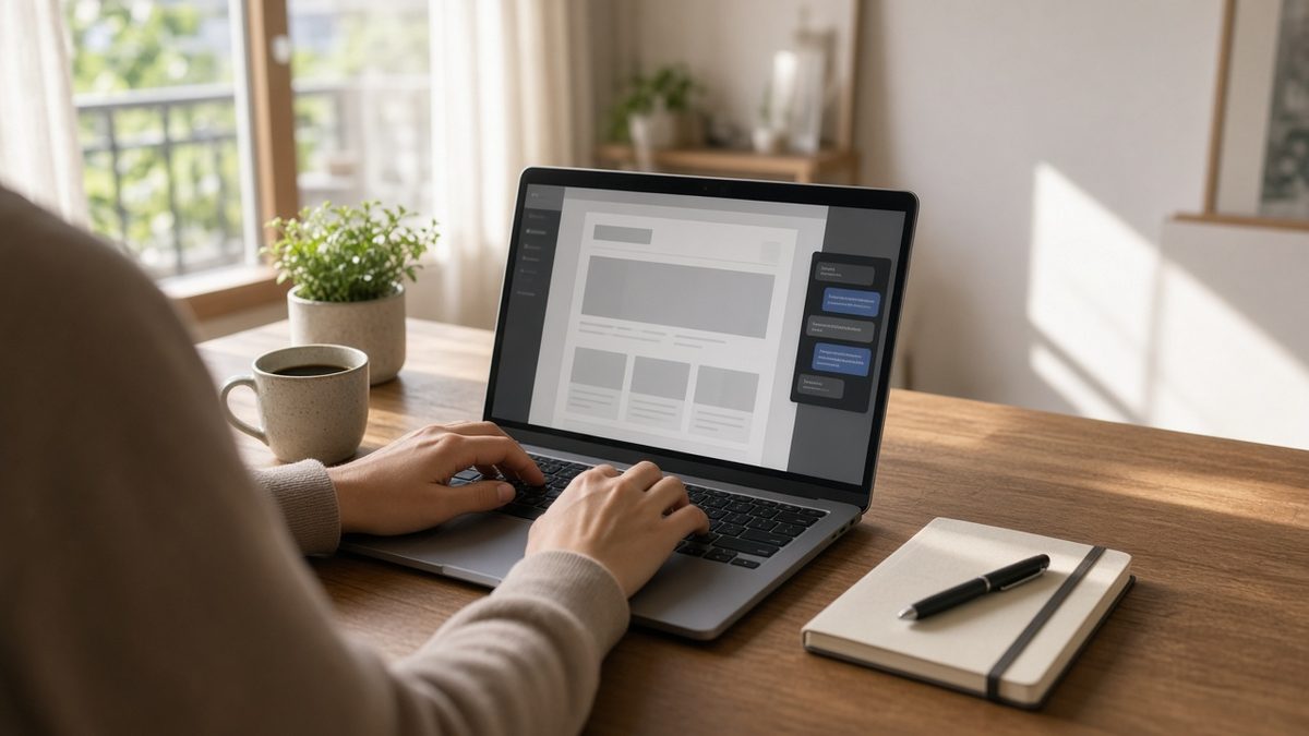 明るい部屋でノートPCに向かい、AIと一緒にサイトを作っている様子